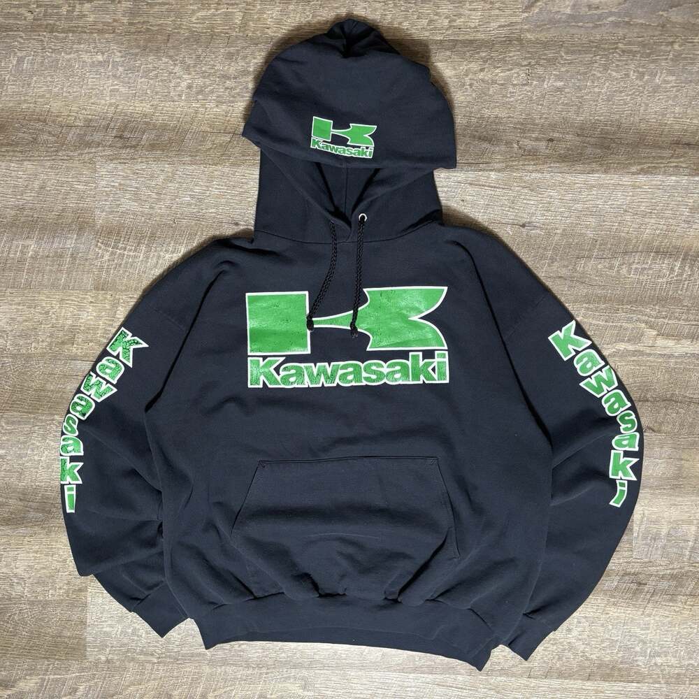 Kawasaki Moto Hoodie Men’s L Black Y2K Distressed Motocross Sleeve Hit